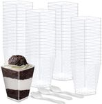 Oasis Creations Square Dessert Cup - 5.5 ounce - 50 Count - Spoons Included - Clear Plastic - Large Appetizer Cup -Tall Dessert Cup-Tasting Cup- Parfait Cup-Disposable or Reusable