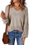 SHEWIN Womens Fashion Crochet Sweaters Casual Lightweight Long Sleeve Hollow Out Sweater Tops V Neck Cable Knit Pullover Jumper Spring Outfits for Women 2025, US 8-10(M), Brown