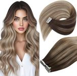 Ve Sunny Tape in Hair Extensions Human Hair 24 Inch Invisible Remy Hair Extensions Tape ins for Women Dark Brown Ombre Dark Golden Blonde Balayage Platinum Blonde Seamless Silky Soft 20Pcs 50G