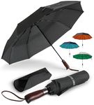 ENGLISH SUMMER Luxury Windproof Umbrella for Rain: Strong, Automatic, Double Vented, Portable Folding, Extra Large Canopy, Quality, Real Wooden Handle (Black)