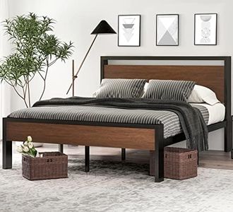 SHA CERLIN 14 Inch Queen Size Metal Platform Bed Frame with Wooden Headboard and Footboard, Mattress Foundation, No Box Spring Needed, Large Under Bed Storage, Non-Slip Without Noise, Walnut