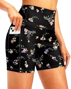 Soothfeel Women's High Waisted Swim Board Shorts 5 Inch UPF 50+ Tummy Control Bathing Suit Bottoms for Women with Pockets Black_Floral_Patterns L