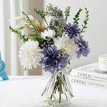 PERFNIQUE Fake Flowers with Vase, Silk Dahlia Faux Flowers in Vase, Artificial Flowers Bouquet for Home Decor, Floral Arrangement for Dining Table Centerpiece, Boho Flower Decor (White and Blue)