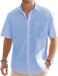 Alimens & Gentle Men's Casual Button Up Linen Shirts Solid Short Sleeve Loose Fit Vacation Tees with Pocket Light Blue