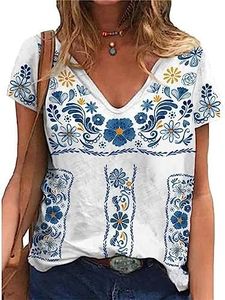 Melliflo Fiesta Mexican Shirts for Women V Neck Floral Print Boho Short Sleeve Casual Embroidered Tops, White, X-Large