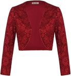 Women's Cropped Bolero Cardigans 3/4 Sleeve Sequin Jackets Shiny Shrug Coat Tops Wine Red