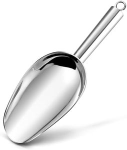 E-far Stainless Steel Ice Scoop, 8 Ounce Metal Ice Scooper for Kitchen Freezer Bar Wedding Party, Utility Food Scoops for Candy/Flour/Cat Dog Food/Bean/Popcorn, Dishwasher Safe (Silver)