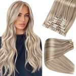 Full Shine Clip in Hair Extensions 18/613 Ash Blonde Highlight Bleach Blonde Seamless Clip in Human Hair Extensions 8 Pcs Hair Extensions for Women Clip in 105 Grams 16 Inch