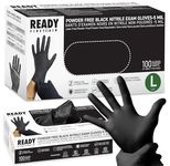 Ready First Aid Nitrile Disposable Gloves, Medical Grade Powder-Free Latex-Free Ambidextrous Examination Gloves Non-Sterile, Multiple Purpose Black Disposable Nitrile Gloves (100 Pieces, Large)