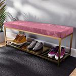 Dence Store Shoe Rack Bench Shoe Storage Bench Entry Decor, Golden Shoe Shelf, Soft Velvet Seat Shoe Organizer Pink