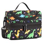 Kasgo Lunch Bag for Kids, Insulated Boys Lunch Box Bag Dual Compartment Kids Cooler Bag with Adjustable Shoulder Strap for School Picnic, Black Dinosaur