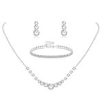 Silver Jewelry Set for Women Rhinestone Crystal Necklace Drop Earrings Link Bangle Bracelet Bridal Wedding Jewelry Sets for Brides Bridemaid Prom Costume Accessories