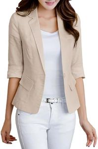 Mina Self Womens 2024 Fall Linen Blazer 3/4 Sleeve Elegant Lightweight Slim Fitted Casual Work Office Pockets Jacket, Beige, Small