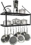 Vdomus Hanging Pot Rack - Rustproof Wall Mounted Pot Rack Pan Hanger for Kitchen Storage and Organization - Durable, Thick Iron Material - Easy Setup 2-Tier Pot Shelf Wall Mount Pot Holder - Black