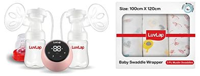 LuvLap Adore Double Electric Breast Pump, with 2 Phase Pumping, Soft Silicone Cushion, Rechargeable Battery, Usable as Single Breast Pump, BPA Free & LuvLap Muslin Swaddle Birds White