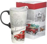 Topadorn Ceramic Travel Mug for Coffee or Tea Sealed Lid 17 oz.with Gift Box,Red Car