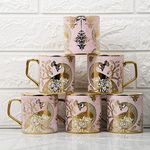 Femora Premium Pink Peacock Pattern Golden Ceramic Coffee & Tea Cup Set of 6, 180 ML, Pink