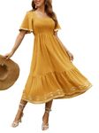 Glamaker Women's Short Sleeve Smocked Square Neck A Line Summer Flowy Maxi Long Dress, 01-yellow, X-Large