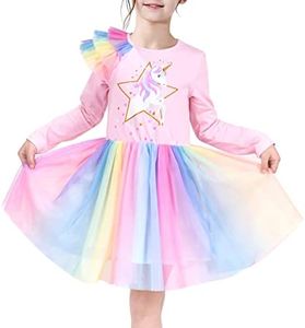 Sunny Fashion Girls Dress Tulle Skirt Pink Rainbow Unicorn Star Cotton Long Sleeve 6 Years