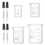 Hyber&Cara Glass Beaker Set - 4 Pack Graduated Low Form Measuring Beakers 25ml 50ml 100ml 200ml with 4 Pcs 1ml Glass Pipette