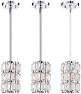 CALDION Chrome Crystal Pendant Light, Mini Modern Pendant Lights, Adjustable Hanging Ceiling Light Fixtures for Kitchen Island Dining Room Bedroom Hallway Bar (3 Pack)