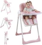 Sunchildor 3 in 1 Baby High Chair with Wheels, Adjustable 5 Point Harness, Tray, Foot Rest, Backrest and Seat Height, Foldable High Chair for Toddlers, Pink