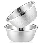 POPGRADE 304 Stainless Steel Colander Rice Washing Bowl Set, 3.5 QT Colanders & Food Strainers, Rice Strainer Washer Fruit Cleaner Bowl, Vegetable Fruit Washing Colander with Salad Mixing Bowl (2pcs)