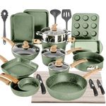 Kitchen Academy Bakeware and Cookware Set, 30 Piece Non-Stick Pots and Pans Set, Induction Pan Set, Granite Non-Stick Saucepan Set (Green)