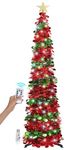 SINTENILL 6 FT Pop Up Christmas Tree with Timer Colored Lights, Dual Colored Red Green Tinsel Christmas Tree, Pencil Tree Collapsible Christmas Tree Xmas Decor for Home, Apartment, Party, Office