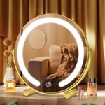 Orapoke 12" LED Vanity Mirror with Lights,Large Round Makeup Mirror with Lights,10X Magnification,Smart Touch 3 Colors Dimmable LED Mirror,360° Rotation Light Up Mirror for Bedroom,Tabletop (Gold)