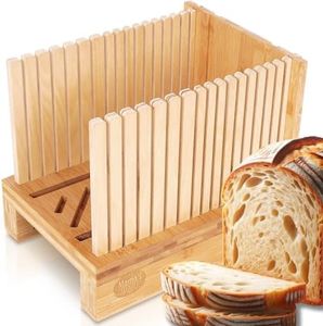 Mama's Great 2024 Updated Bamboo Bread Slicer for Homemade Bread - Adjustable Slicing Guides, Ecofriendly, Compact & Foldable for Easy Bagel & Bread Cutting. Model 2 with Grooved Stop Board