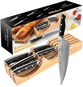 In-Drawer Knife Block with 5 Pieces Japanese Damascus Knives, Bamboo Knife Drawer Organizer with 67-Layer Damascus Steel, Perfect for Home and Chefs, Slots for 5 Knives Kitchen Drawer, Counter Top