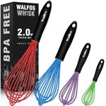 Walfos Silicone Whisk, Heat Resistant Kitchen Whisks for Cooking Set of 4-Non Scatch Rubber Coated for Non-Stick Cookware, Balloon Egg Wisk Perfect for Beating, Blending, Frothing.