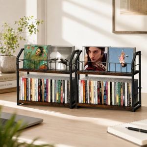 PAPAGIFTREE 2-Tier CD Holder 2 PCS, CD Storage Shelf for Display, CD Organizer with Dispay Top Shelf, Premium CD Rack for Home, Holds Up to 120 standard, Ideal for Music Enthusiasts (Brown 2PCS)