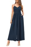 LAISHEN Jumpsuits for Women Casual Dressy 2023 Summer Wide Leg Long Rompers Smocked Sleeveless Jumpers with Pockets (Navy Blue, L)