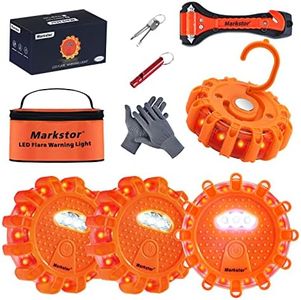 Markstor 4-6-12 Pack LED Road Flares Emergency Car Kit 9 Flash Amber Roadside Emergency Flares Beacon For Vehicle 4 Beacons Disc Pack With A Whistle,Glove,Hammer (No Battery) (4 Pack)