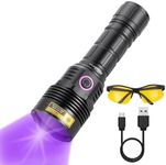 Alonefire SV47 12W 365nm UV Flashlight USB Rechargeable Long Range Ultraviolet Black Light Pet Urine Detector for Resin Curing, Fishing, Scorpion, Minerals with UV Protective Glasses, Battery Included