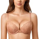 DOBREVA Women's Push Up Lace Bra Sexy Plunge Padded Underwire Support Bras Lift Up Cream Coffee 34DD