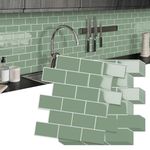 Upgrade Thicker 3D Self Adhesive Peel and Stick Wall Tiles, Green Metro Subway Peel and Stick Backsplash for Home Kitchen, Bathroom, Living Room(10-Sheet,12"x 12")