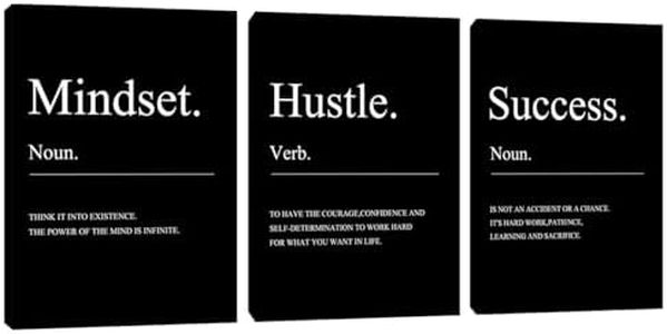 Motivational Office Wall Decor Mindset Canvas Wall Art 3 Pieces Hustle Posters Prints Entrepreneur Success Paintings Picture Artwork Inspirational Home Bedroom Living Room Decorations(36" Wx16 H)