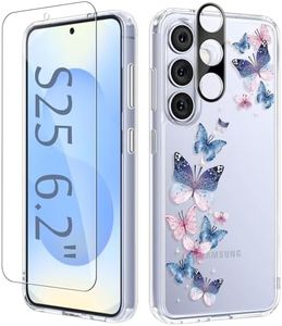 GVIEWIN for Samsung Galaxy S25 Case, [Screen & Camera Lens Protector] [Non Yellowing] Floral Clear Slim Shockproof Military-Grade Protection Phone Cover, Flower Design for Women, Colorful Butterfly