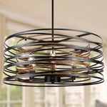 ACNKTZ 23.6'' Rustic Large Drum Chandeliers for Dining Room, 6-Light Modern Farmhouse Lighting for Kitchen Island, Retro Round Entryway Light Fixture, Black with Retro Wood Texture Interior