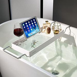 simpletome Bathtub Tray Expandable, Floating Clear Acrylic with Aluminum Alloy, Anti-Slip (White)