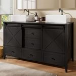 VNN Bathroom Vanity with Sink - 60 Inch Bathroom Vanity Double Sink Ceramic, Freestanding Cabinet with 2 Farmhouse Sliding Barn Doors and 5 Drawers, Space-Saving Storage Cabinet, Black Wood Grain