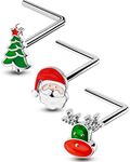 OUFER 3pcs 20G Christmas Nose Rings Pack L Shape Nose Studs Piercing Jewellery Santa Claus Surgical Steel Helix Earrings Traugs Women Men Gifts