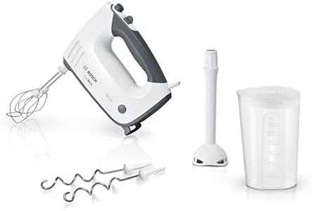 Bosch Handrührgerät, mit Pürierstab, Mixbecher, Edelstahl Rührer, Knethaken, spülmaschinenfest, 5 Stufen plus Turbotaste, weiß/grau, 750 W, ErgoMixx MFQ37470