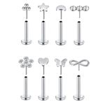 WillTen 8PCS Threadless Labret Studs Silver, 16G 6mm Tragus Piercing Jewellery Stainless Steel with Cubic Zirconia, Nose Stud Lip Bar Cartilage Helix Piercing Jewellery for Women