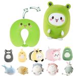 stocaggio Kids Travel Pillow - 2-in-1 Deformable Kids Neck Pillow for Traveling, Soft U-Shaped Pillow with Adorable Animal Design, Comfy Sleep and Play, Ideal for Airplanes and Cars - Green Frog