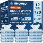 Adult Wipes for Elderly - 720 Count Extra Large 8"x13" Disposable Washcloths Rinse Free Bathing Wipes for Incontinence & Bedridden Care - Thick, Soft & Unscented with Aloe & Vitamin E (12 Packs of 60)