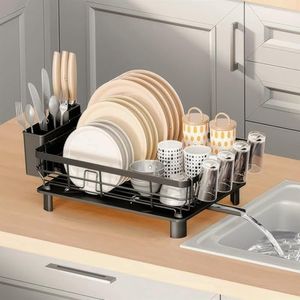 JOUING Scolapiatti Nero Scolapiatti da Appoggio in Metallo Scolapiatti da Lavello con Vassoio Dish Rack con Porta Posate e Portabicchieri(Nero)